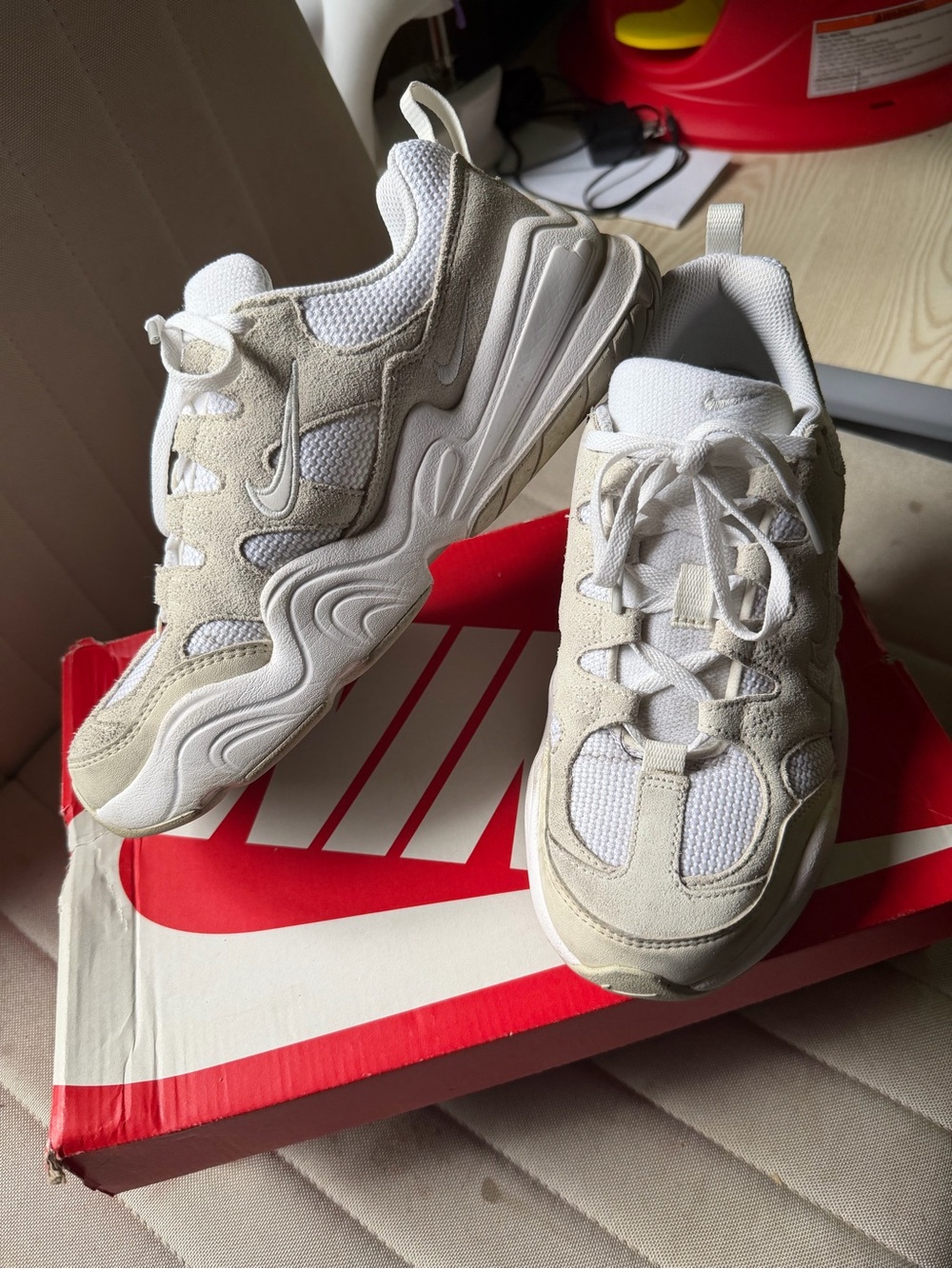 Nike Women’s White and Cream Chunky Mesh Suede Sneakers